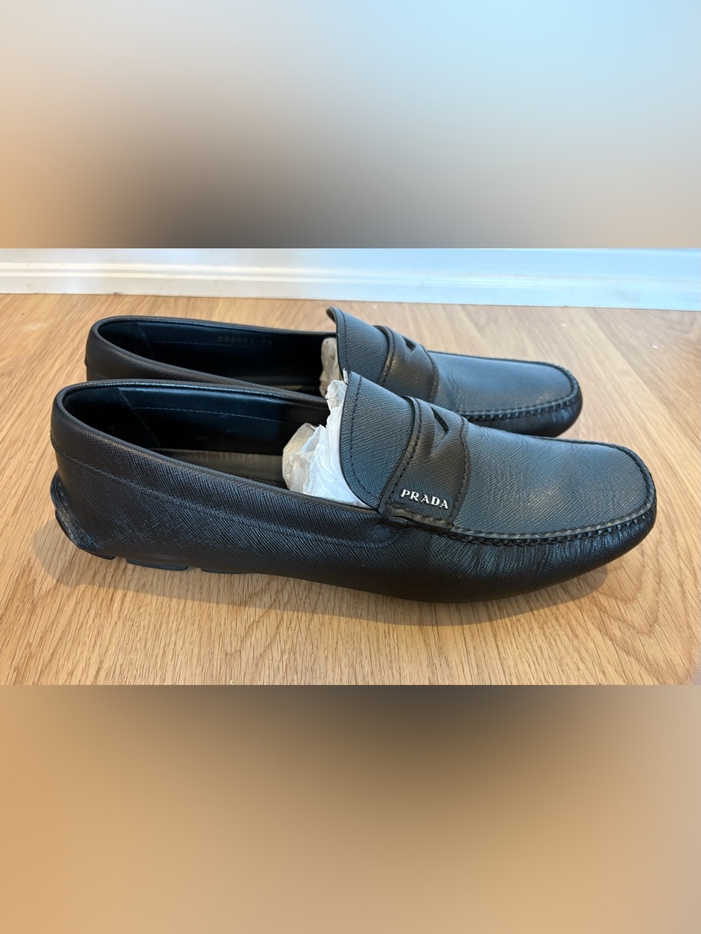 Prada Men’s Navy and Black Leather Driving Loafers 2DD001, US 10